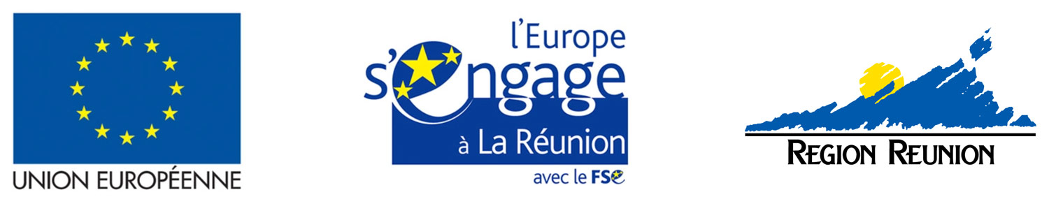 Image représentant le logo de l'Union Européenne à gauche, le logo avec le slogan, L'Europe s'engage à La Réunion avec la FSE au milieu, et le logo de la Région Réunion a droite